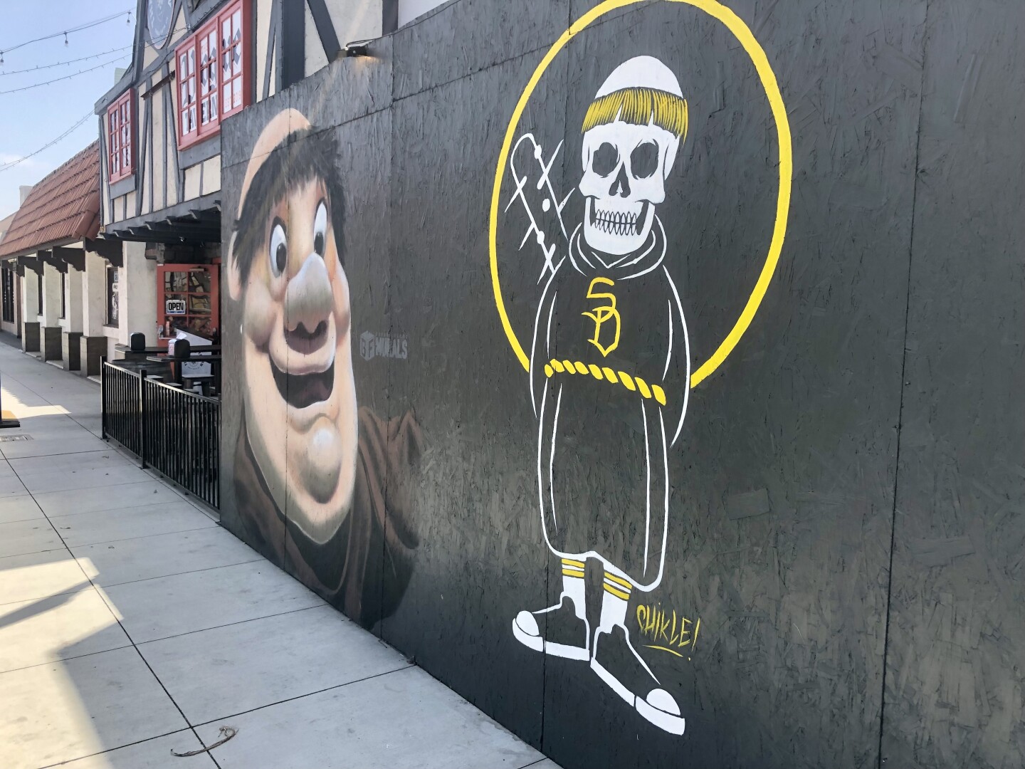 Murals of San Diego Padres mascots are painted onto a construction wall along Third Avenue in Chula Vista, April 24, 2023.
