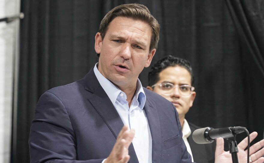 Florida Governor Ron DeSantis speaks at the opening of a monoclonal antibody site Wednesday, Aug. 18, 2021, in Pembroke Pines, Fla. DeSantis has sought to block schools from requiring masks for students.