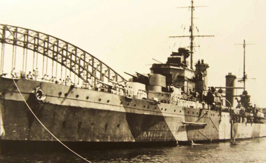 The Australian warship HMAS Sydney is anchored in Sydney Harbor in this undated photograph. The ship sank in November 1941 after a battle with a German vessel. Despite extensive search efforts, the boats were not found until 2008.