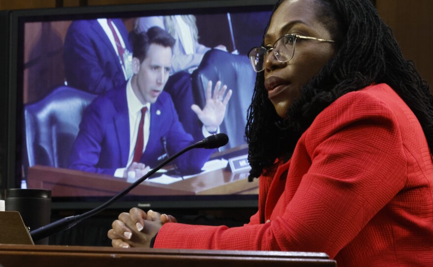 Supreme Court nominee Judge Ketanji Brown Jackson answers questions from Sen. Josh Hawley, R-Mo., during her confirmation hearing before the Senate Judiciary Committee Tuesday.