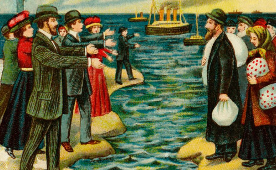 Offset color lithograph postcard shows Jewish Americans welcoming Jews immigrating from Russia to America (between 1900-1920).