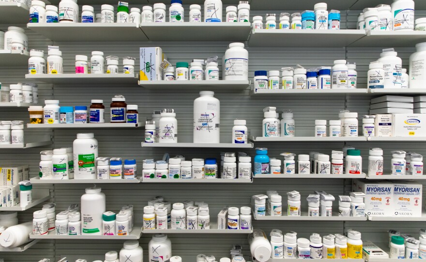 Inventory shelves are stocked with a variety of medications at Pure Care Pharmacy in Carmel Valley, April 9, 2020.