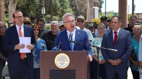 Mayor Bill Wells speaks outside El Cajon City Hall on Wednesday, April 29, 2026.