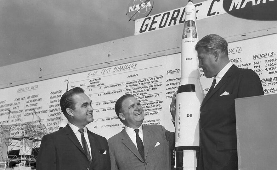 This 1965 photo shows NASA head James Webb (center) with Alabama Governor George Wallace (left), and rocket expert Wernher von Braun.