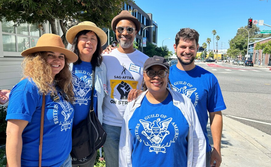 Writers Geetika Lizardi, Maria Elena Rodriguez, Steve Harper, Valeria Woods, Nicholas Geisler picket outside Amazon Studios.