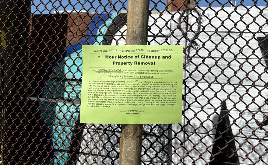 A sign posted by the city of San Diego before an encampment sweep on July 30, 2026.