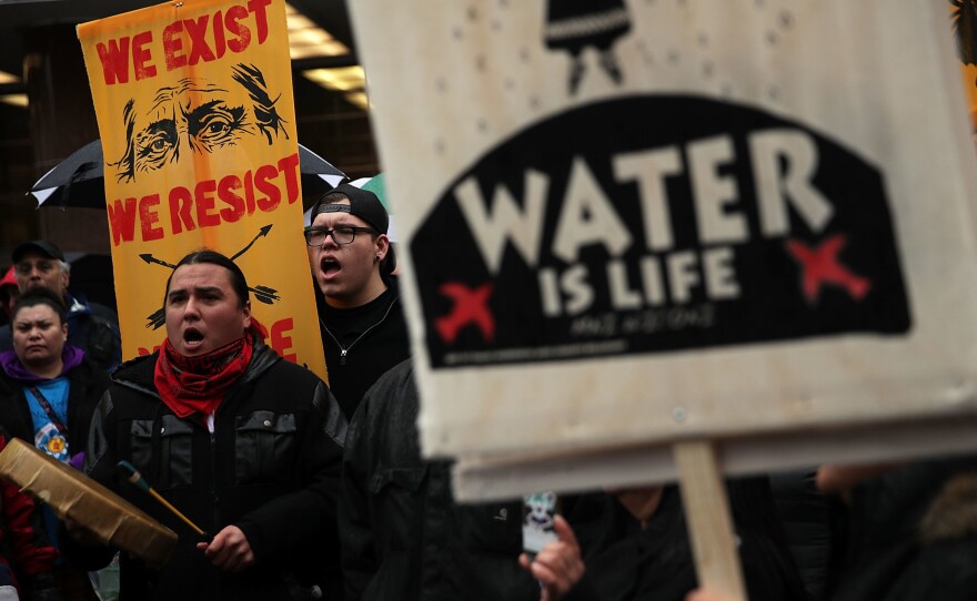 Members of the Standing Rock Sioux Tribe and its supporters, shown here during a demonstration in 2017, have opposed the Dakota Access Pipeline for years.