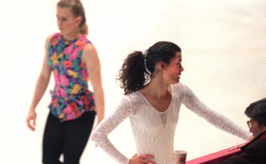 Tonya Harding and Nancy Kerrigan at a practice session at the 1994 Olympics in Lillehammer, Norway.