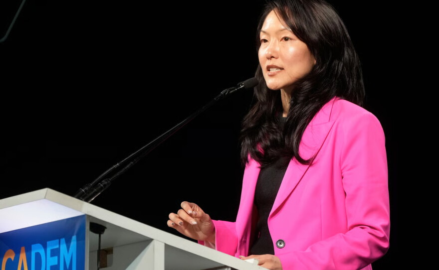 Jane Kim speaks at the 2026 California Democratic Party State Convention in San Francisco, Saturday, Feb. 21, 2026.