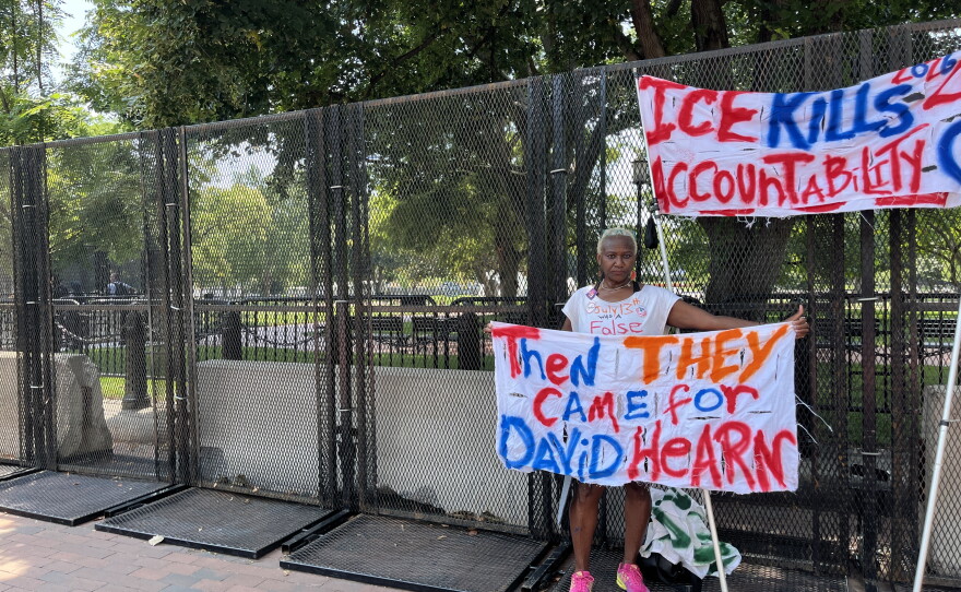 Nadine Seiler attended the anti-ICE rally on Tuesday, carrying a second banner referencing the recent vandalism arrests at the reflecting pool.