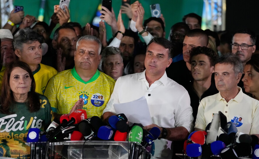 Opposition presidential candidate Sen. Flavio Bolsonaro speaks after the presidential runoff in , Brazil, Sunday, Oct. 25, 2026.