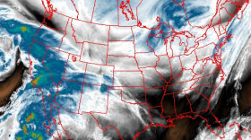 This satellite imagery taken Dec. 2, at approximately  8 a.m. shows the trajectory of water vapor as it moves across Southern California from the subtropics. Bright and colored areas indicate high water vapor content (moisture; colored and white areas indicate the presence of both high moisture content and/or ice crystals.