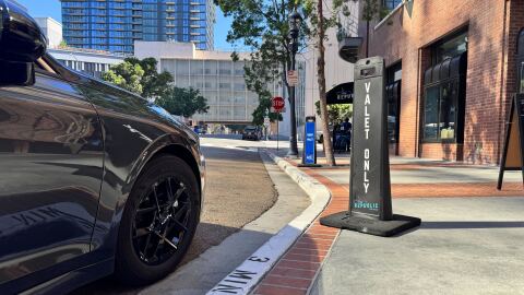 A car sits in a valet parking zone in the Gaslamp Quarter, Nov. 4, 2025 in downtown San Diego, Calif. 