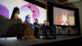 Streamers SweetxSage, AngryOwlCat, Psyculturists and EuroBrady (left to right) speak about mental health during a panel, "The Inner Game: Empowering Streamers to Protect Their Mental Health," at TwitchCon on Oct. 17, 2025 in San Diego, Calif.
