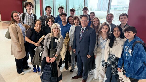 A group of students from Coronado and Chula Vista meet state Sen. Steve Padilla (front center) in Sacramento on Jan. 21, 2025. They lobbied for two bills related to the Tijuana River sewage crisis. 