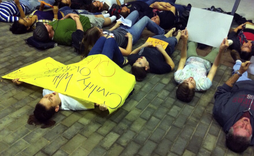 Students participate in a "lie-in" at Rutgers University, in New Brunswick, N.J., on Wednesday.  The rally was in support of safe places for gay students.