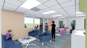 Renderings of the renovated Sharp Mesa Vista and Adolescent Program building. 
