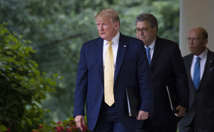 President Trump arrives at the White House with Commerce Secretary Wilbur Ross (right) and U.S. Attorney General William Barr in July to speak about Trump's executive order concerning citizenship.