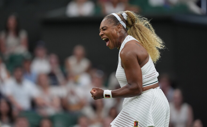 Serena Williams of the United States celebrates winning a point against Maya Joint of Australia in their first round women's singles match at the Wimbledon Tennis Championships in London, Tuesday, June 30, 2026.