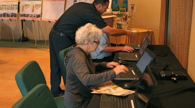 During an Encinitas OpenHouse, Leslie Welsh of Cardiff logs on to the city's e-townhall to give her input on future development, Nov. 13, 2014.