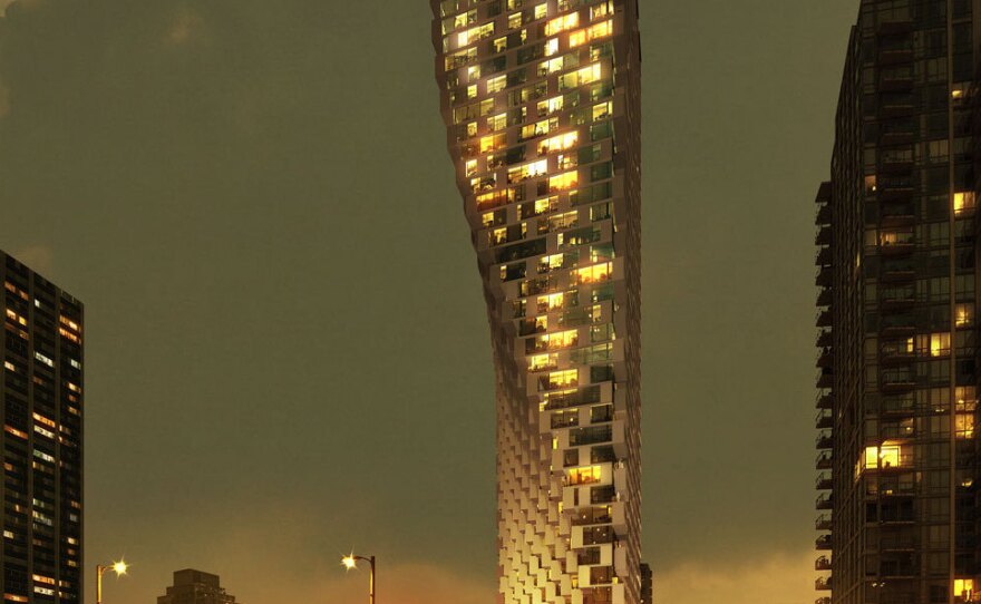 This rendering shows Ingels' design for an apartment building under construction in Vancouver. Its base is triangular, and twists into a rectangle at the top.