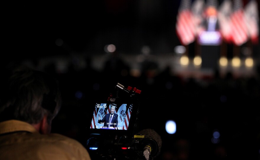 Republican presidential candidate Donald Trump seen on a camera monitor during a campaign this summer.