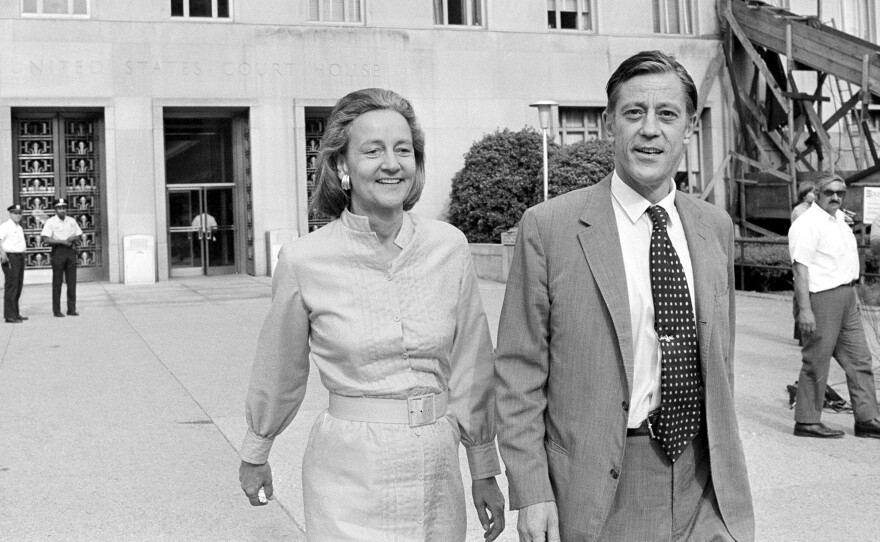 Katharine Graham, publisher of The Washington Post, and Bradlee leave U.S. District Court in Washington, D.C., on June 21, 1971. The newspaper got the go-ahead to print the Pentagon Papers.