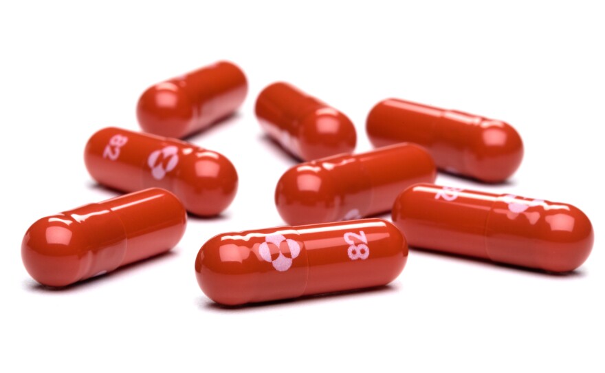 This undated file image provided by Merck & Co. shows their new antiviral medication molnupiravir. An experimental COVID-19 drug that could soon become the first U.S.-authorized pill to treat the coronavirus