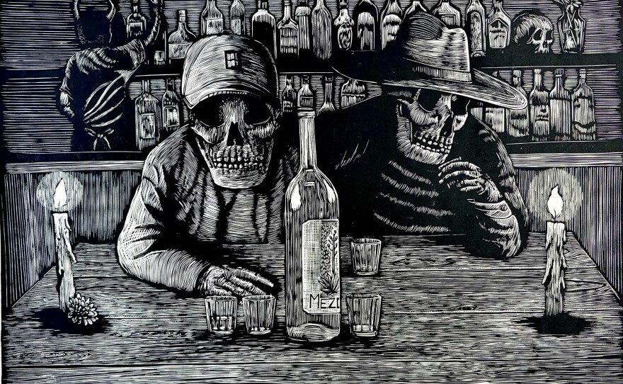 "Los Dos Hermanos" is a relief print by Hazhe from Oaxaca, Mexico, and will be on view at "Otoño: A Printmaking Exhibition" at The Chrysalis in Barrio Logan Nov. 2-16.