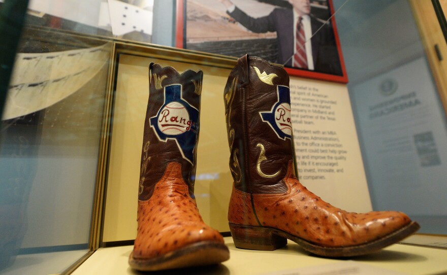 Boots commemorating George W. Bush's tenure as general managing partner of the Texas Rangers.