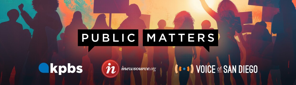 Public Matters Banner Image that includes a graphic of people holding signs that resembles civic engagement and a list of banners of KPBC Public Matters partners