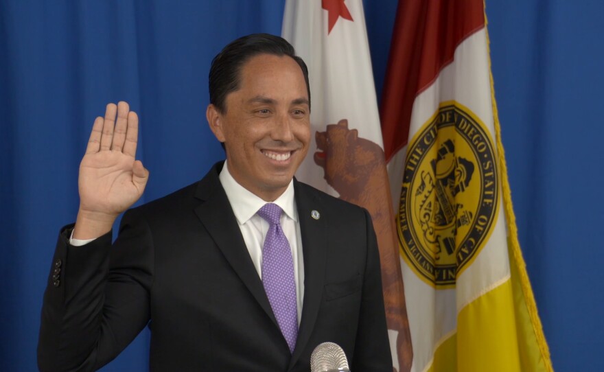 Todd Gloria being virtually sworn in by California's Senate President pro-Tempore Toni Atkins on Dec. 10, 2020