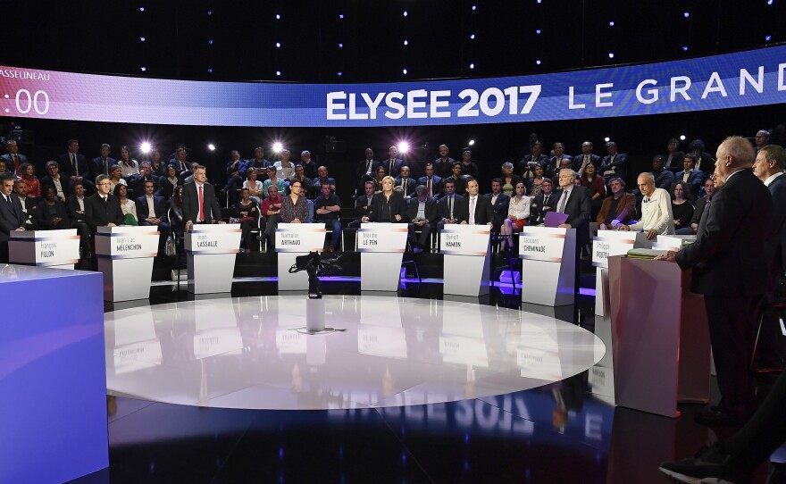 France's presidential candidates attend a television debate at French private TV channels BFM TV and CNews, in La Plaine-Saint-Denis, outside Paris, France, on April 4.