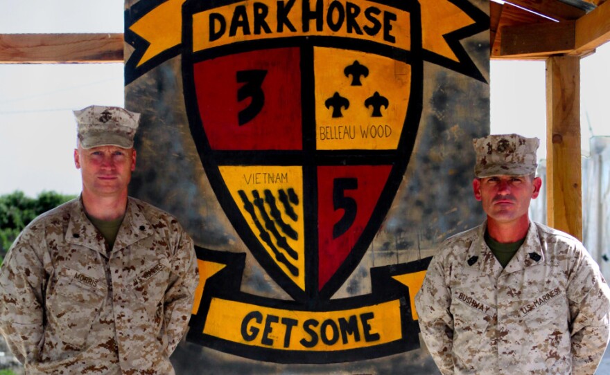 <p>Lt. Col. Jason Morris (right) is seen with his "right-hand man" Sgt. Maj. James Bushway in Sangin in April 2011, close to the time the 3/5 departed from Afghanistan.</p>