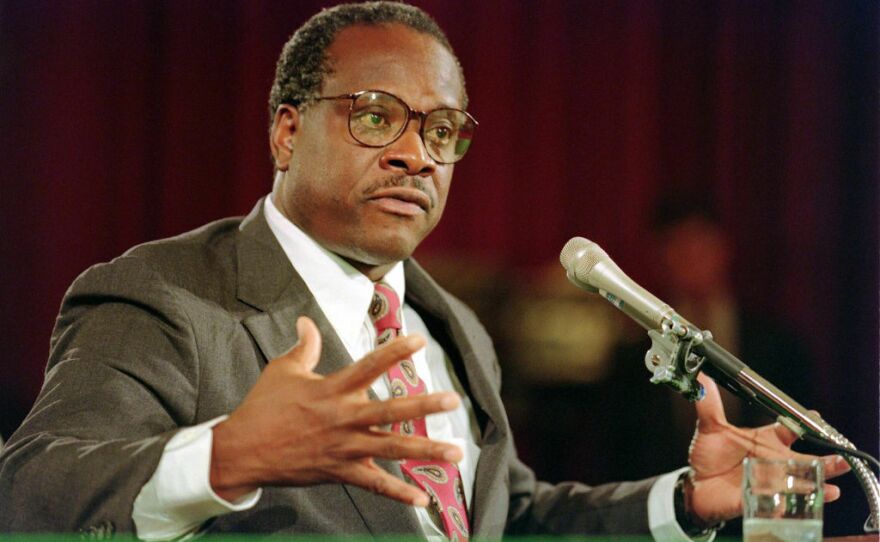 Then-Supreme Court nominee Clarence Thomas testifies before the Senate Judiciary Committee in September 1991.