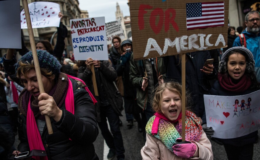 Demonstrators make their way during the Women's March in Barcelona, Spain. The Women's March originated in Washington, D.C. but soon spread to become a global event.