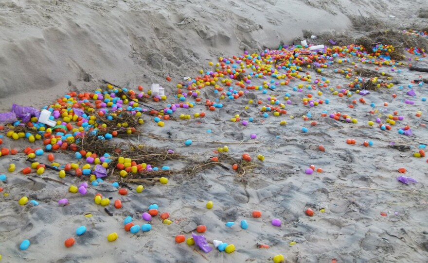 Thousands of plastic eggs have washed up on the beach on the German island of Langeoog.