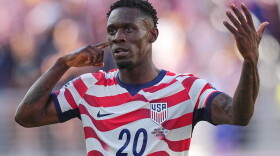 United States' Folarin Balogun (20) reacts after scoring his team's first goal during the World Cup round of 32 soccer match between the United States and Bosnia-Herzegovina in Santa Clara, Calif., near San Francisco, on Wednesday.