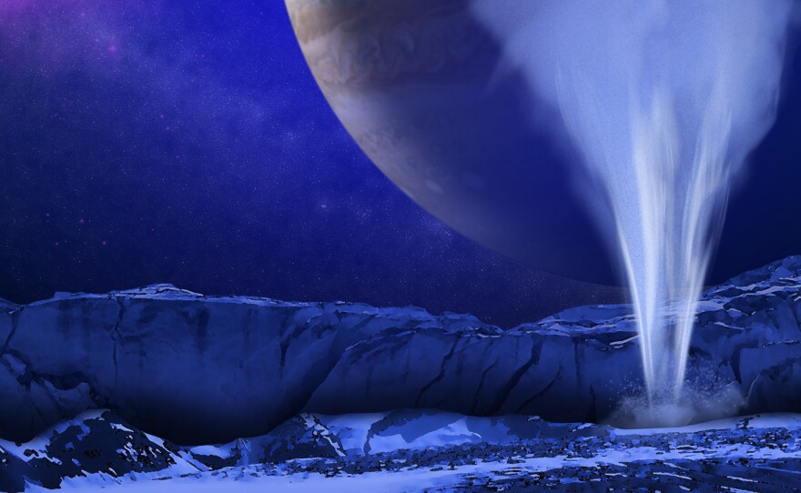 This is an artist's concept of a plume of water vapor thought to be ejected off of the frigid, icy surface of the Jovian moon Europa, located 500 million miles from the sun.