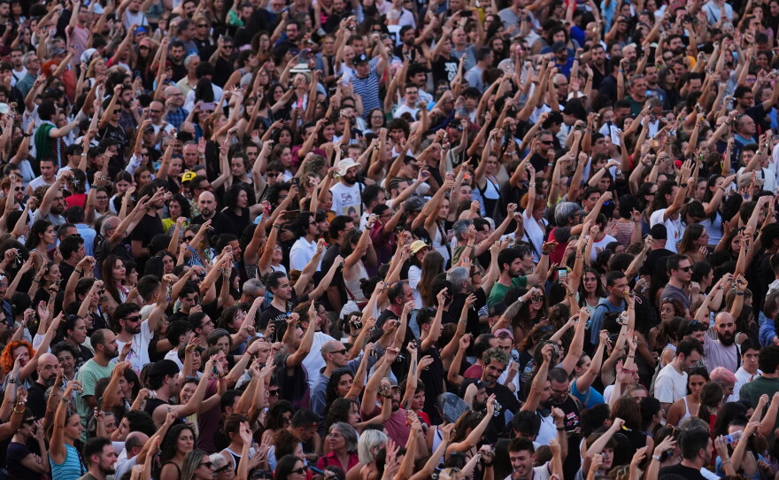 People gather during a protest following the eviction last Wednesday of 87-year-old Maricarmen to demand stronger laws to protect renters at Puerta del Sol in Madrid, Spain, Saturday, Sept. 26, 2026.