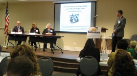 Panelists at the San Diego North  Economic Development Council health care summit include Dr. Michael Lobatz, Scripps Rehabilitation Center, Mary Ball, president the San Diego Alzheimer's Association, Leslie Ray, San Diego County Senior epidemiologist and moderator Paul Sisson, of The San Diego Union-Tribune, Sept. 29, 2015.  