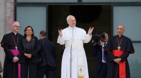 Pope Leo XIV, accompanied by, from left, Prefect of the Pontifical Household Archbishop Petar Rajič, Dean Antonella Polimeni, and his vicar for the city of Rome Cardinal Baldo Reina, visits the Città Universitaria (University City) at Sapienza University of Rome to meet with faculty and students at the institution's primary campus, one of the world's oldest and largest universities, Thursday, May 14, 2026.