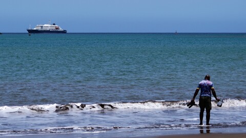 The MV Hondius cruise ship is anchored at a port in Praia, Cape Verde, Monday, May 4, 2026.