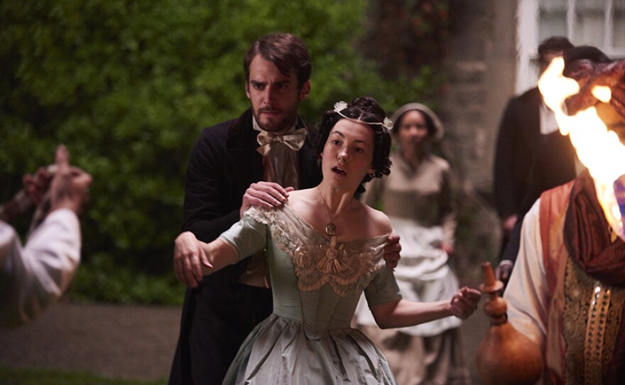 Franklin Blake (Joshua Silver), Rachel Verinder (Terenia Edwards) in a scene from THE MOONSTONE.