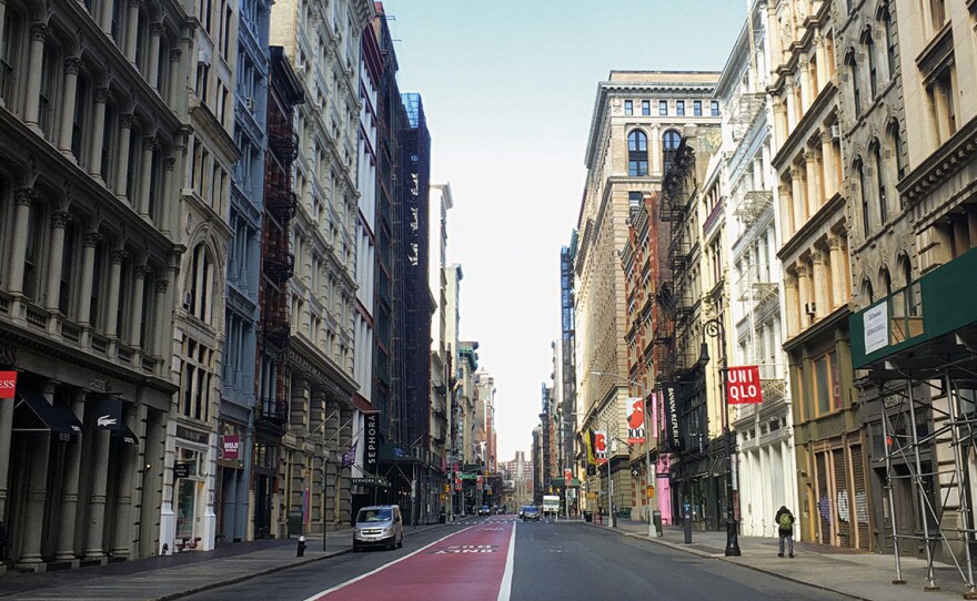 Empty offices sit above empty retail stores on Broadway in downtown Manhattan. As commercial real estate continues to lie vacant around the U.S., it may contribute to a vicious economic cycle that reshapes our cities.