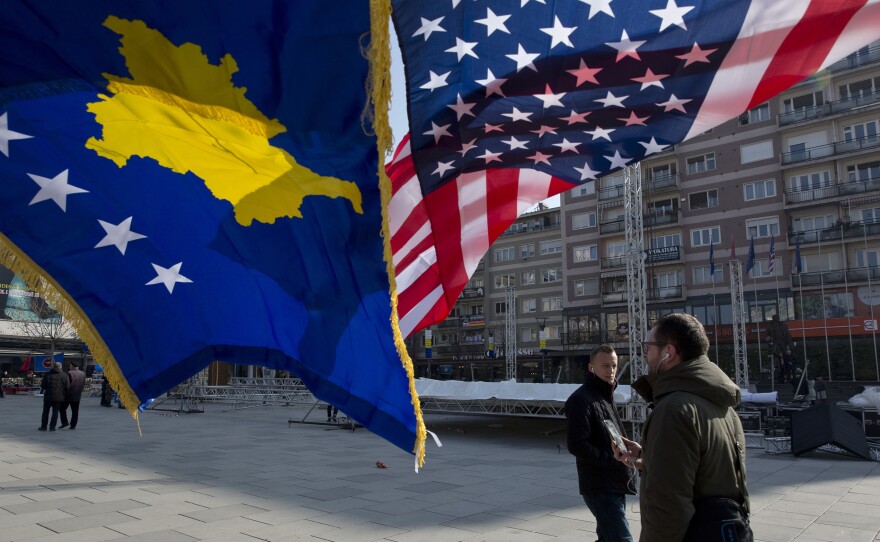Kosovo and U.S. flags decorate the main square in Pristina, Kosovo, on Feb. 17, on the 10th anniversary of the country's independence from Serbia.