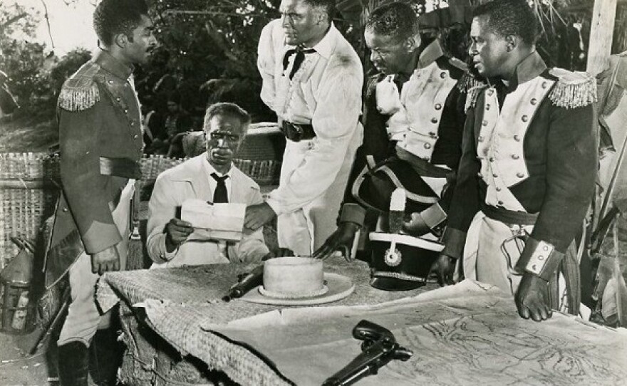 The 20th Century Fox 1952 film "Lydia Bailey" was a historical romance about two white Americans but it used the Haitian Rebellion as a backdrop and featured William Marshall (center) in a key supporting role.