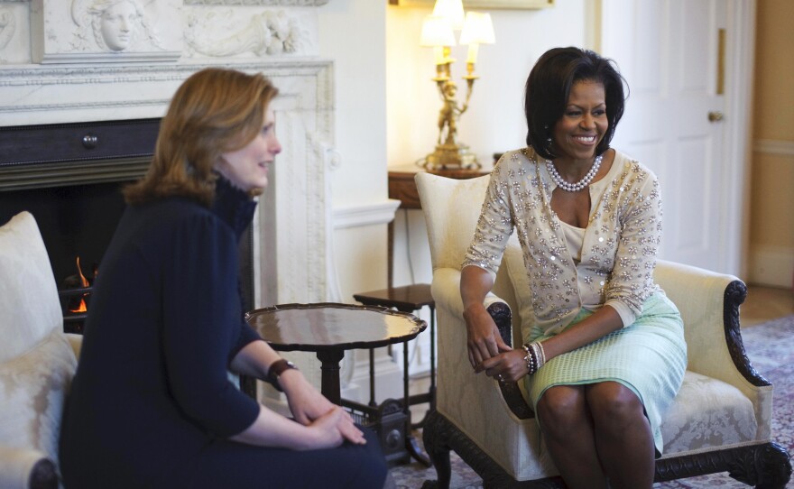 Michelle poses with Sarah Brown, the wife of British Prime Minister Gordon Brown, at 10 Downing Street, in London, on April 1, 2009. Her sweater sold out later that day.