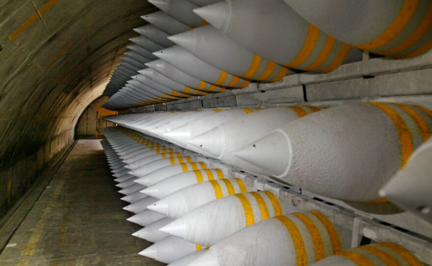 Penetrator bombs, commonly known as bunker busters,  are stored on pallets at an ammunition plant in McAlester, Okla., in 2002. The U.S. sold 55 bunker busters to Israel in 2009, according to a recent <em>Newsweek</em> report.