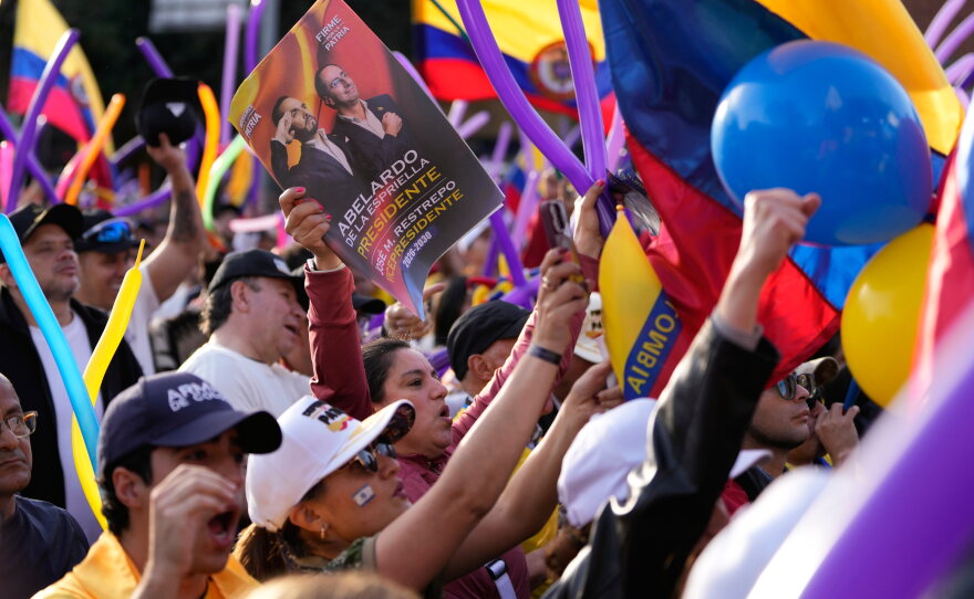 Supporters cheer during a campaign rally of presidential candidate Abelardo de la Espriella of the Defenders of the Motherland movement in Bogota, Colombia,  May 20, 2026.